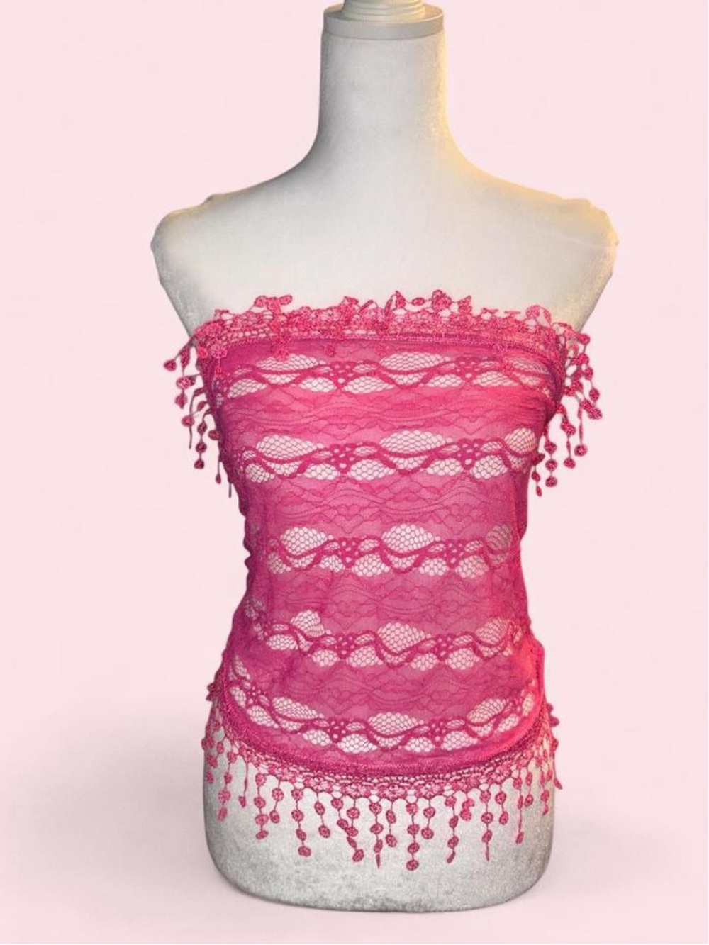 Women’s Pink Lace Strapless Top with Beaded Fringe